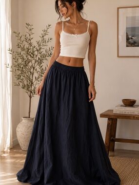 Quince 100% Cotton Black Maxi Skirt XL Elastic Waist